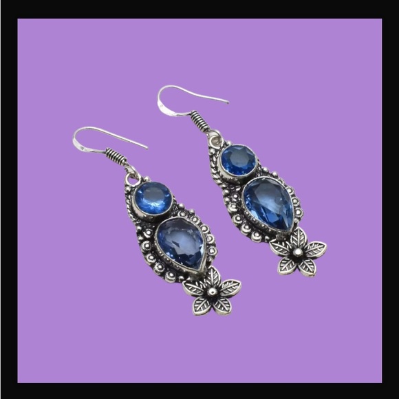 Blue Topaz Handcrafted Long Drop Dangle Earrings 2.08" Made In India New W Tags - Picture 11 of 12